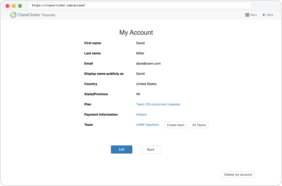 Team management options on the My Account page