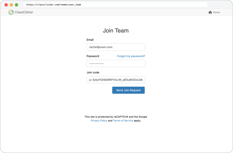 Join Team page with email, password, and Join Code fields