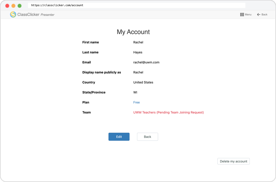 My Account page showing a pending Team joining request