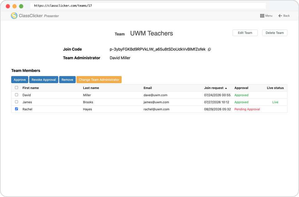 Team page showing the Join Code, Team Administrator, and Team Members